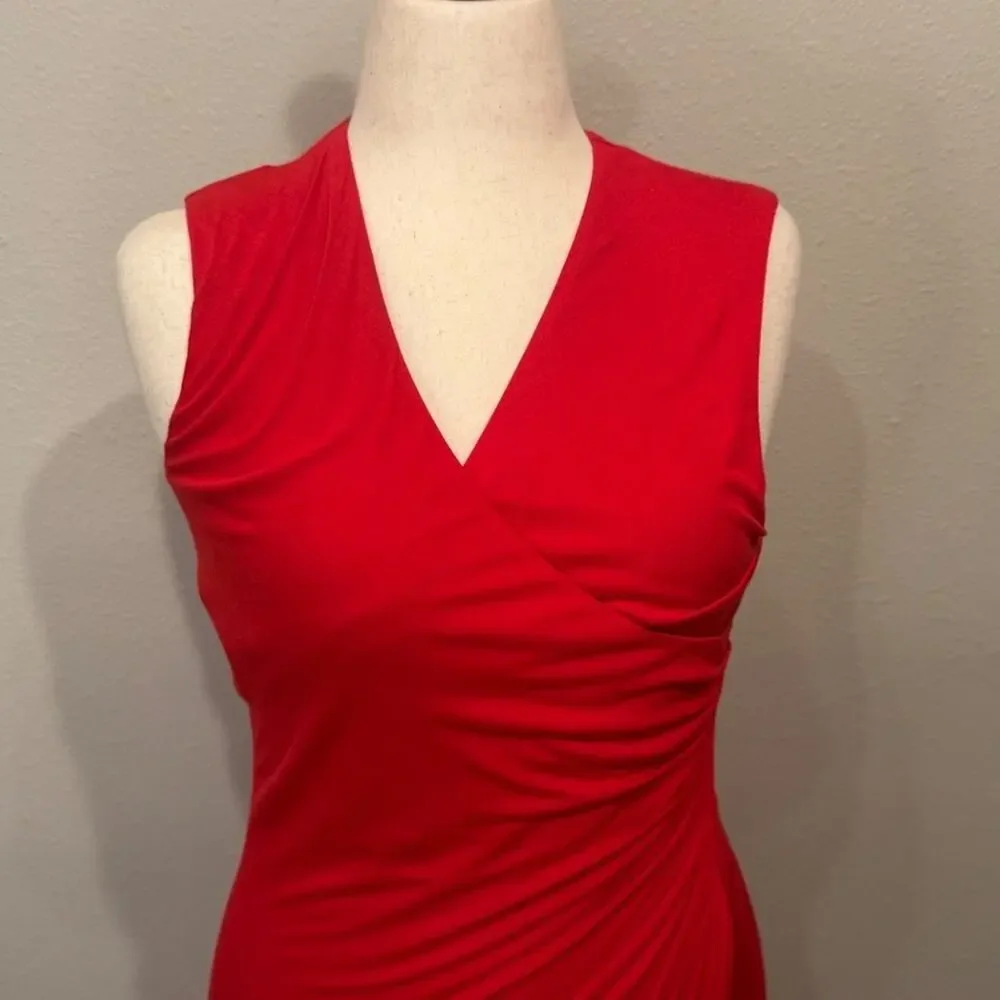 Lauren Ralph Lauren dress red knit sleeveless faux wrap midi length bodycon Sz M - Picture 2 of 7